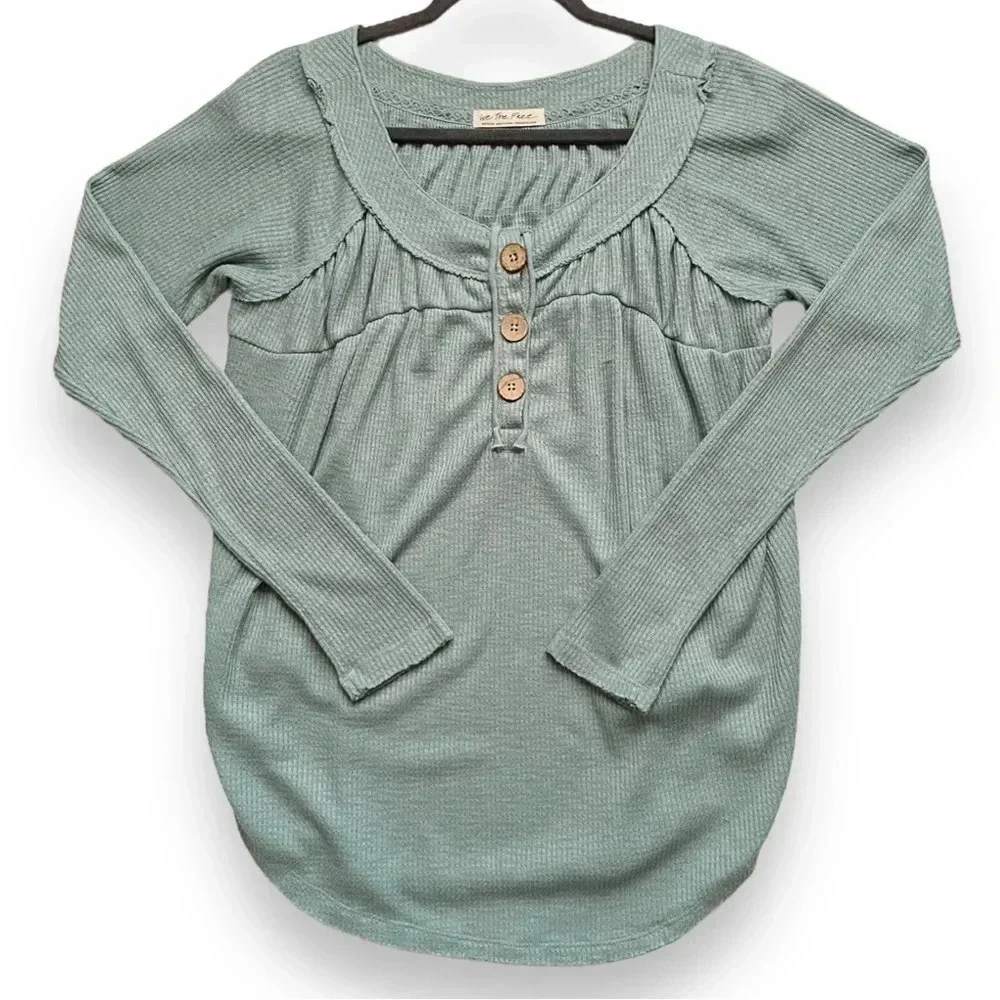 Free People Green Must Have Henley Knit Top
